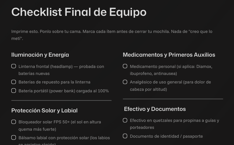 Página de la guía con el checklist final de equipo